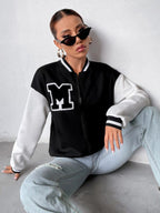 Moletom Com Zíper Patch de Letra e Ribana Listrada