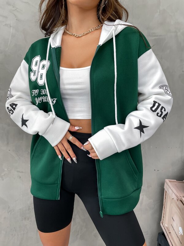 Moletom Com Capuz Com Zíper Estampa College Bicolor 98