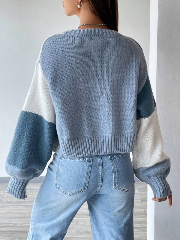 Moletom Cardigan Tricot Bicolor Manga Ampla Cropped