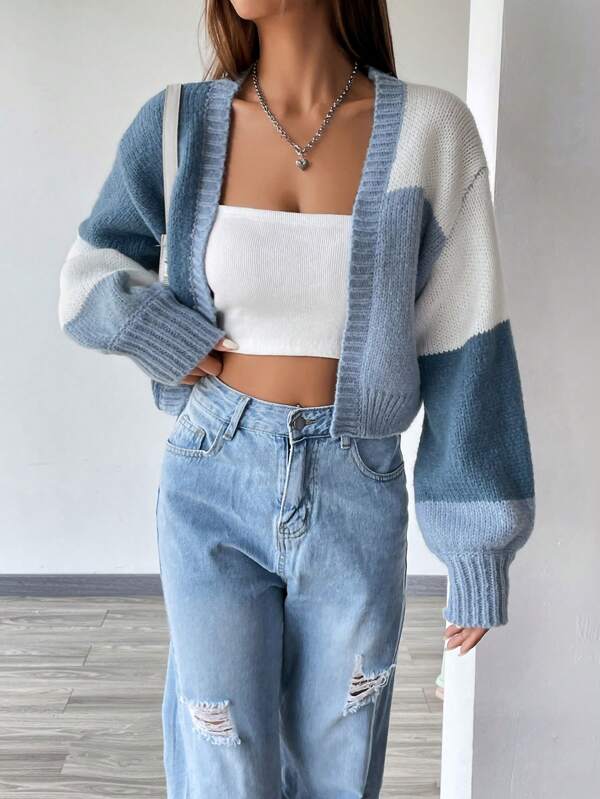 Moletom Cardigan Tricot Bicolor Manga Ampla Cropped