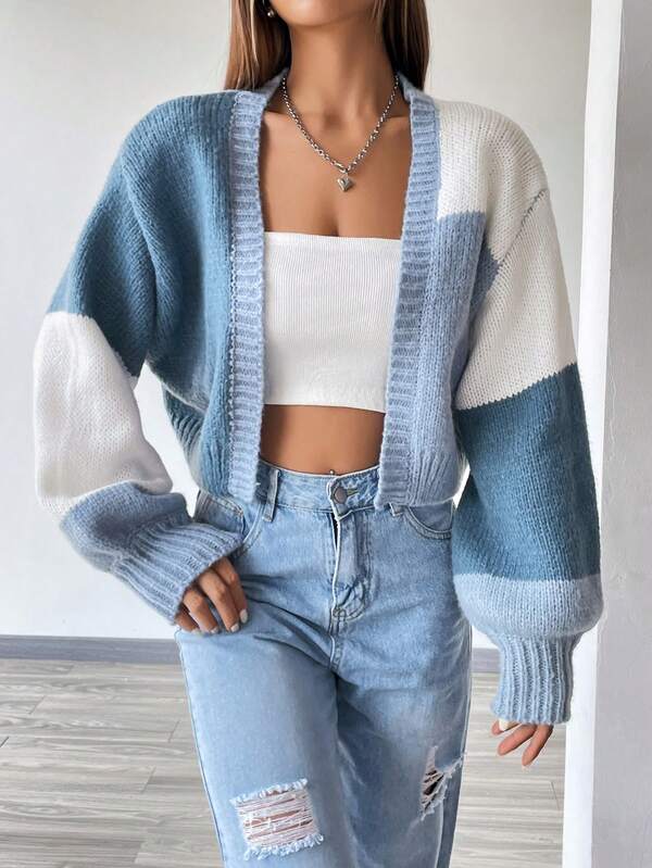 Moletom Cardigan Tricot Bicolor Manga Ampla Cropped