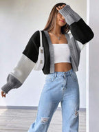 Moletom Cardigan Tricot Bicolor Manga Ampla Cropped