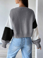 Moletom Cardigan Tricot Bicolor Manga Ampla Cropped