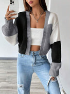 Moletom Cardigan Tricot Bicolor Manga Ampla Cropped