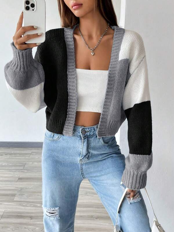 Moletom Cardigan Tricot Bicolor Manga Ampla Cropped