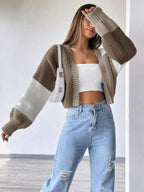 Moletom Cardigan Tricot Bicolor Manga Ampla Cropped