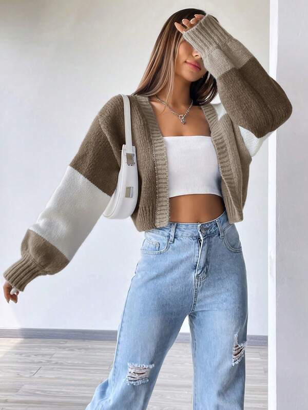 Moletom Cardigan Tricot Bicolor Manga Ampla Cropped