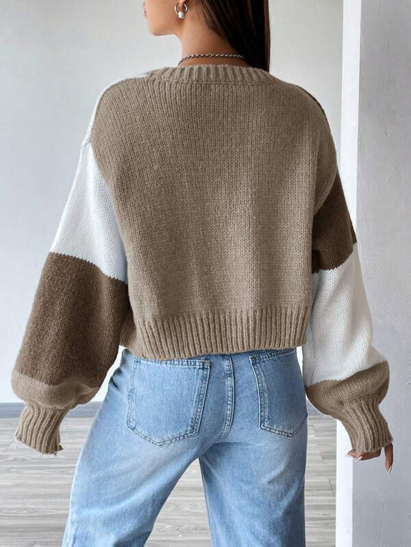 Moletom Cardigan Tricot Bicolor Manga Ampla Cropped