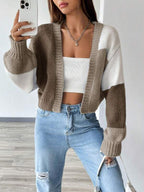 Moletom Cardigan Tricot Bicolor Manga Ampla Cropped