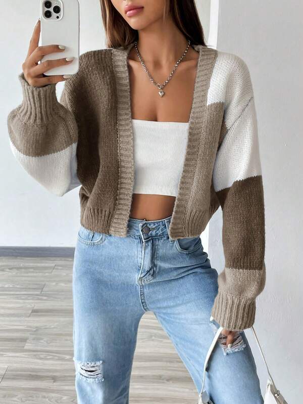 Moletom Cardigan Tricot Bicolor Manga Ampla Cropped