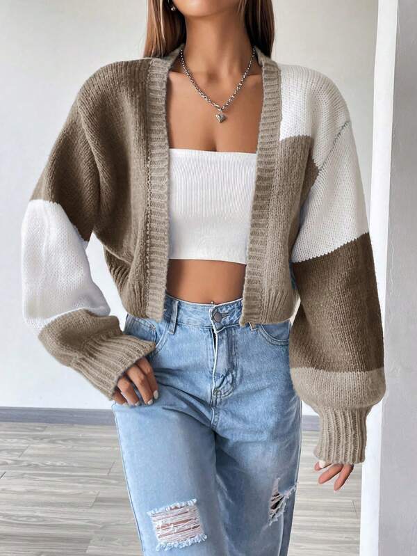 Moletom Cardigan Tricot Bicolor Manga Ampla Cropped