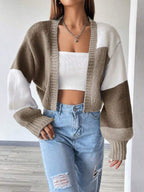 Moletom Cardigan Tricot Bicolor Manga Ampla Cropped