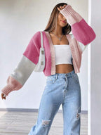 Moletom Cardigan Tricot Bicolor Manga Ampla Cropped
