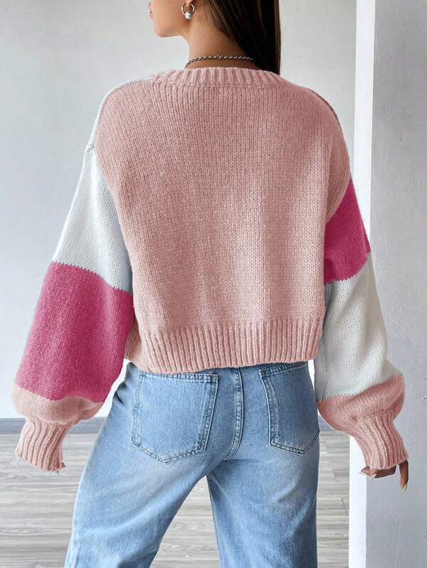 Moletom Cardigan Tricot Bicolor Manga Ampla Cropped
