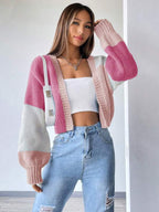 Moletom Cardigan Tricot Bicolor Manga Ampla Cropped