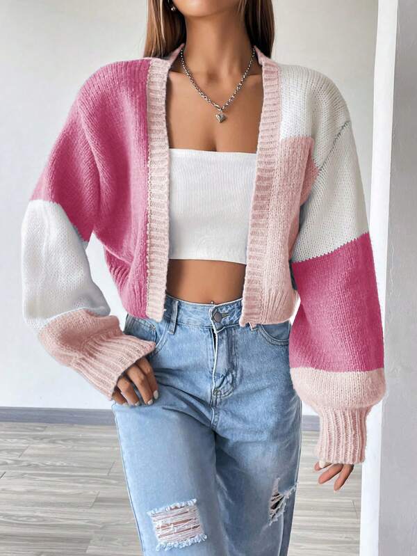 Moletom Cardigan Tricot Bicolor Manga Ampla Cropped