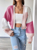 Moletom Cardigan Tricot Bicolor Manga Ampla Cropped
