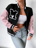 Moletom Bomber Bicolor Com Zíper Patch Letter M Ribana