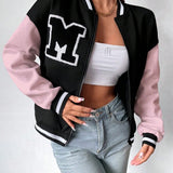 Moletom Bomber Bicolor Com Zíper Patch Letter M Ribana
