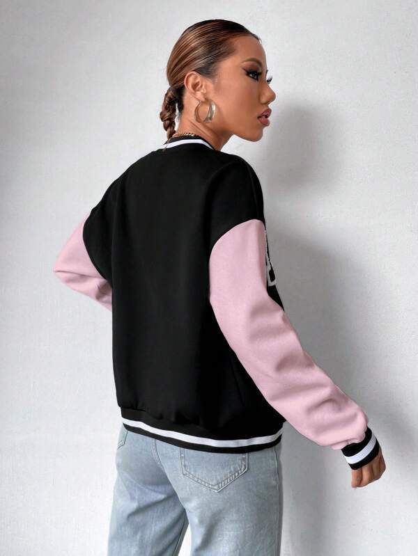 Moletom Bomber Bicolor Com Zíper Patch Letter M Ribana