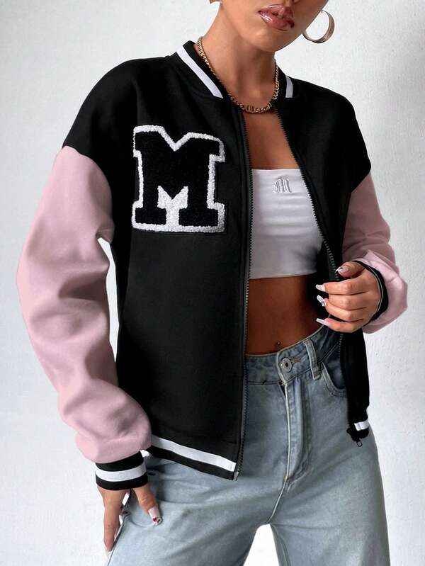 Moletom Bomber Bicolor Com Zíper Patch Letter M Ribana