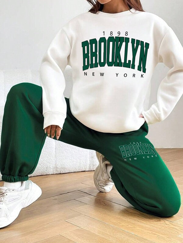 Conjunto Moletom Lettering Brooklyn Calça Estampada Ribana