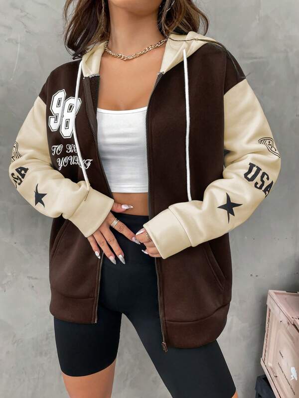 Moletom Com Capuz Com Zíper Estampa College Bicolor