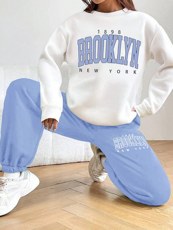 Conjunto Moletom Lettering Brooklyn Calça Estampada Ribana
