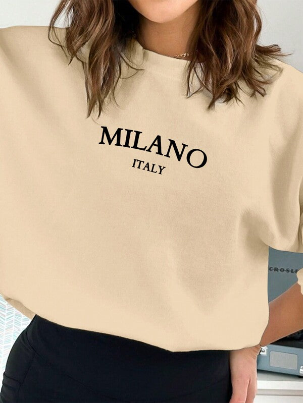 Moletom Gola Careca Lettering Milano Com Ribana Minimalista