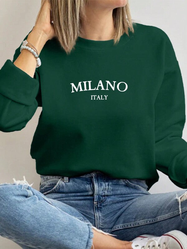 Moletom Gola Careca Lettering Milano Com Ribana Minimalista