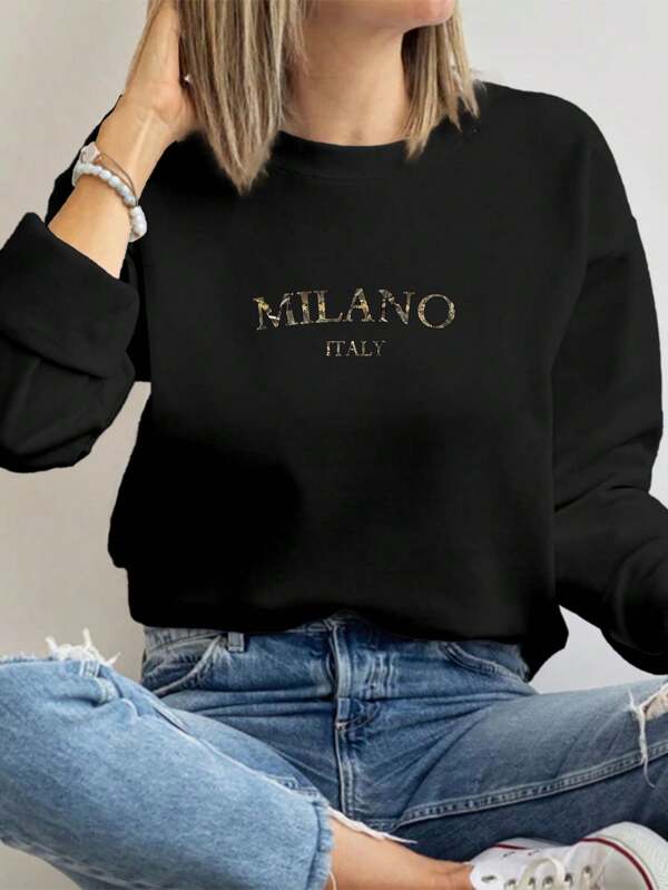 Moletom Gola Careca Lettering Milano Com Ribana Minimalista