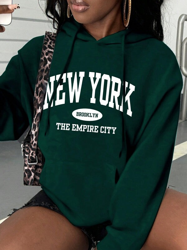 Moletom Com Capuz Lettering New York Bolso Canguru Ribana