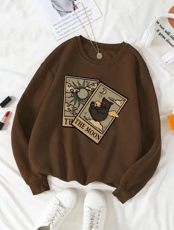 Moletom Gola Careca Estampa de Cartas Gato e Lettering