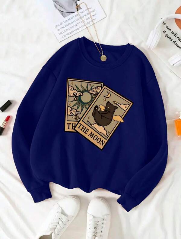 Moletom Gola Careca Estampa de Cartas Gato e Lettering