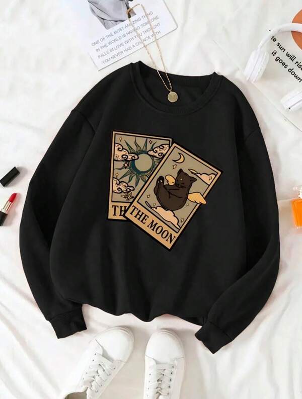 Moletom Gola Careca Estampa de Cartas Gato e Lettering