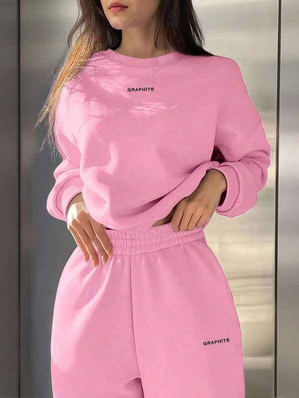 Conjunto Moletom Gola Careca Lettering Minimalista Com Ribana