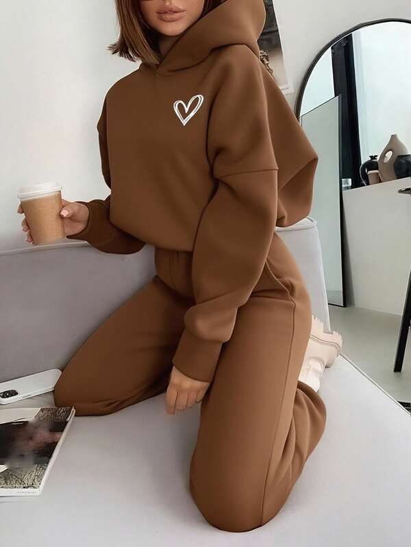 Conjunto Moletom Com Capuz Bordado Coração Calça Ribana