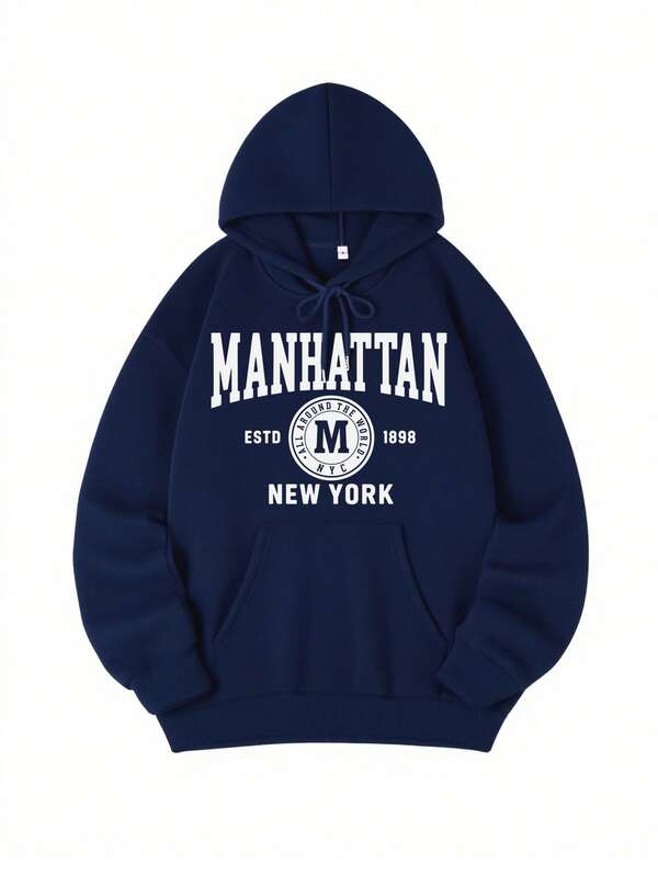 Moletom Com Capuz Bolso Canguru Lettering Manhattan