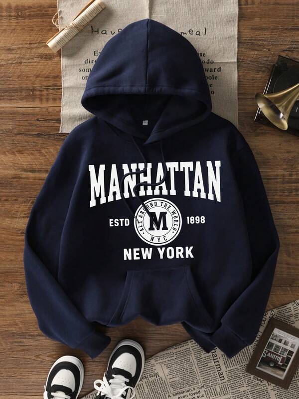 Moletom Com Capuz Bolso Canguru Lettering Manhattan