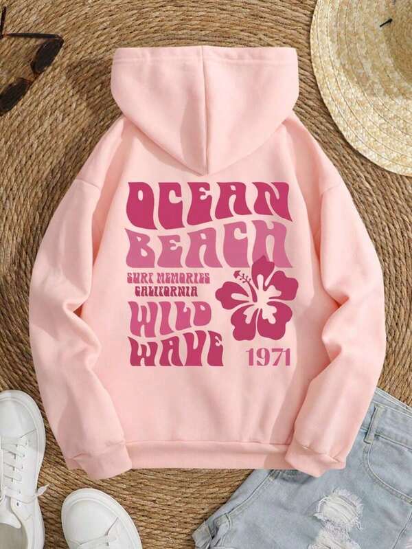 Moletom Com Capuz Estampa Floral Lettering e Ribana
