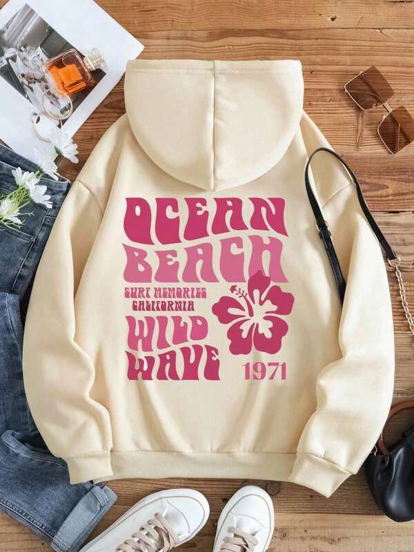 Moletom Com Capuz Estampa Floral Lettering e Ribana