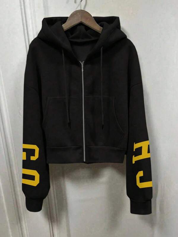 Moletom Com Capuz Com Zíper Estampa College Costas Cropped