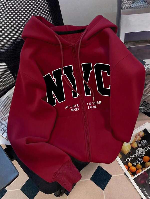 Moletom Com Capuz Com Zíper Lettering NYC E Cordão Ribana