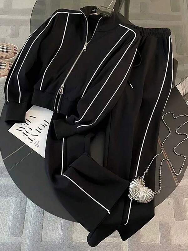 Conjunto Moletom Com Zíper Recortes Contrastantes Bordado