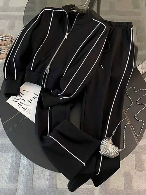 Conjunto Moletom Com Zíper Recortes Contrastantes Bordado