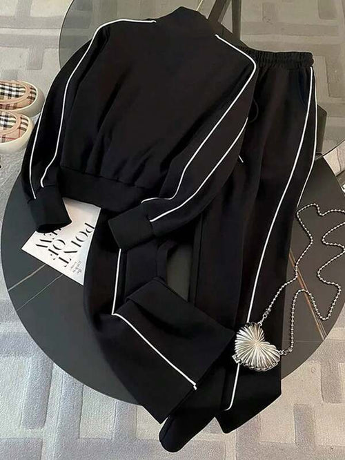 Conjunto Moletom Com Zíper Recortes Contrastantes Bordado