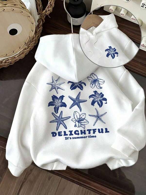 Moletom Com Capuz Estampa Floral Marinha Nas Costas Ribana