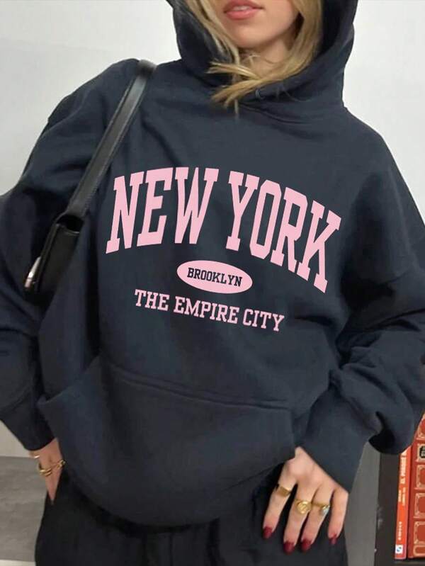 Moletom Com Capuz Lettering New York Bolso Canguru Ribana