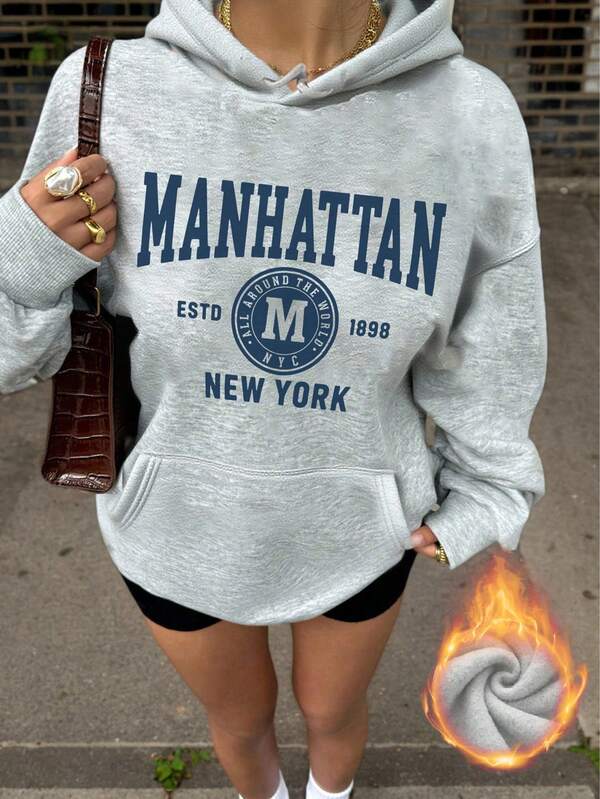 Moletom Com Capuz Bolso Canguru Lettering Manhattan
