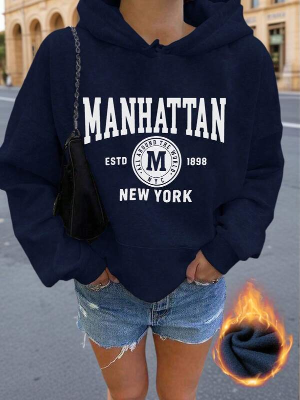 Moletom Com Capuz Bolso Canguru Lettering Manhattan